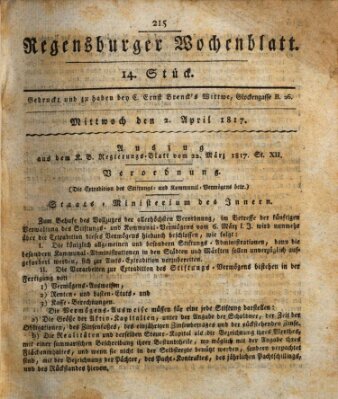 Regensburger Wochenblatt Mittwoch 2. April 1817