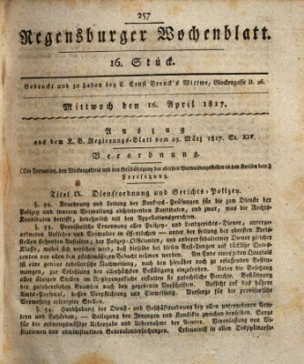 Regensburger Wochenblatt Mittwoch 16. April 1817