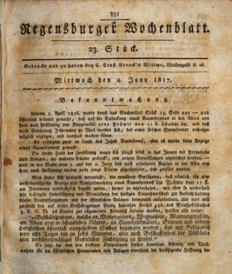 Regensburger Wochenblatt Mittwoch 4. Juni 1817