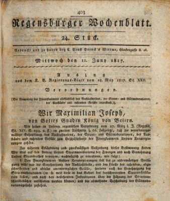 Regensburger Wochenblatt Mittwoch 11. Juni 1817