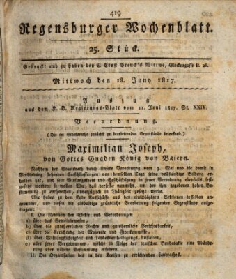 Regensburger Wochenblatt Mittwoch 18. Juni 1817