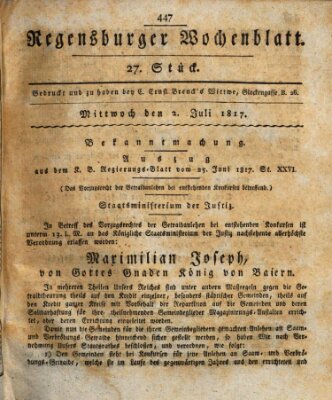 Regensburger Wochenblatt Mittwoch 2. Juli 1817