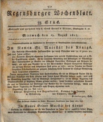 Regensburger Wochenblatt Mittwoch 13. August 1817