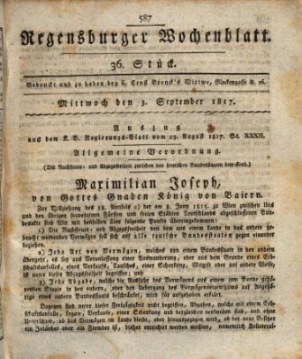 Regensburger Wochenblatt Mittwoch 3. September 1817
