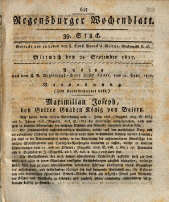 Regensburger Wochenblatt Mittwoch 24. September 1817