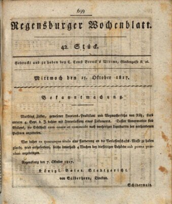 Regensburger Wochenblatt Mittwoch 15. Oktober 1817