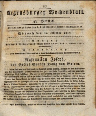 Regensburger Wochenblatt Mittwoch 22. Oktober 1817