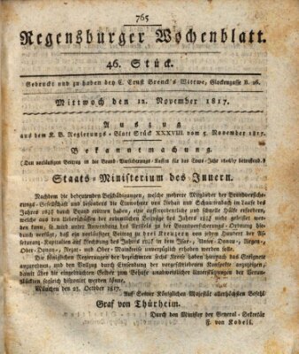 Regensburger Wochenblatt Mittwoch 12. November 1817