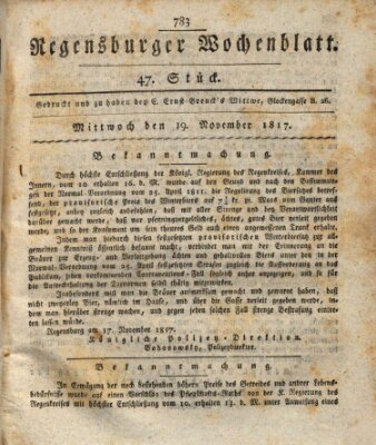 Regensburger Wochenblatt Mittwoch 19. November 1817