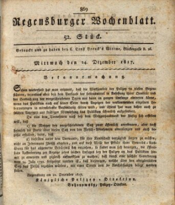 Regensburger Wochenblatt Mittwoch 24. Dezember 1817