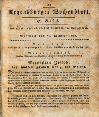 Regensburger Wochenblatt Mittwoch 31. Dezember 1817