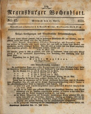 Regensburger Wochenblatt Mittwoch 27. April 1831