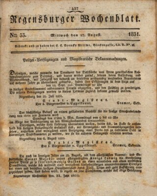 Regensburger Wochenblatt Mittwoch 17. August 1831