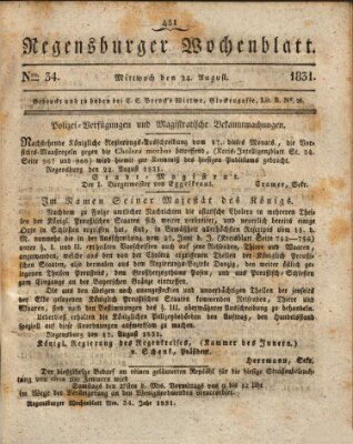 Regensburger Wochenblatt Mittwoch 24. August 1831