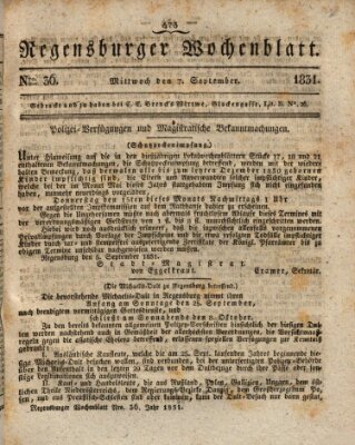 Regensburger Wochenblatt Mittwoch 7. September 1831