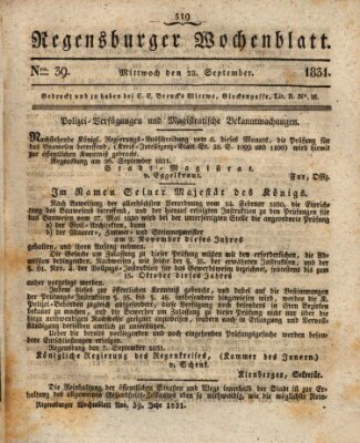 Regensburger Wochenblatt Mittwoch 28. September 1831