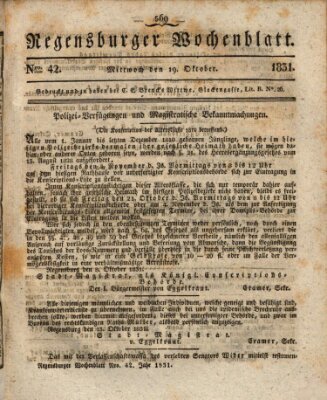 Regensburger Wochenblatt Mittwoch 19. Oktober 1831