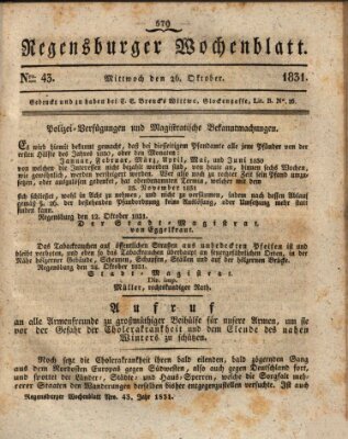 Regensburger Wochenblatt Mittwoch 26. Oktober 1831