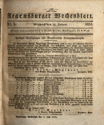 Regensburger Wochenblatt Mittwoch 11. Januar 1832