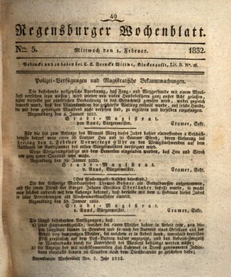 Regensburger Wochenblatt Mittwoch 1. Februar 1832