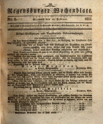 Regensburger Wochenblatt Mittwoch 22. Februar 1832