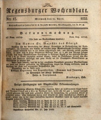 Regensburger Wochenblatt Mittwoch 25. April 1832