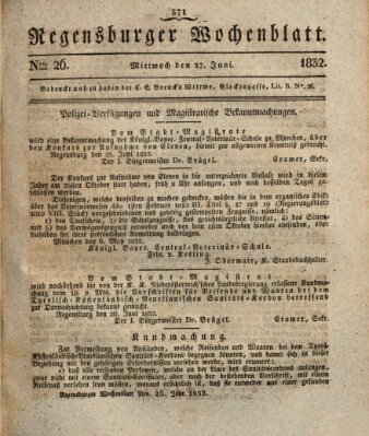 Regensburger Wochenblatt Mittwoch 27. Juni 1832