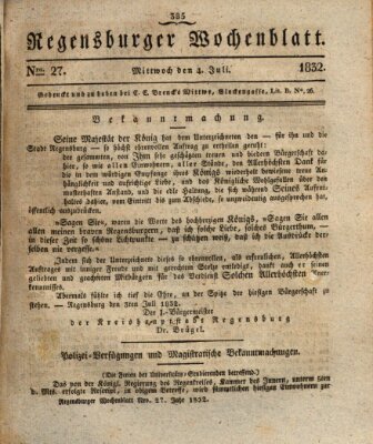 Regensburger Wochenblatt Mittwoch 4. Juli 1832