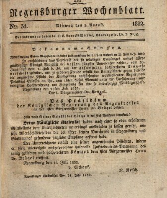 Regensburger Wochenblatt Mittwoch 1. August 1832