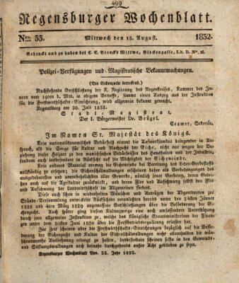 Regensburger Wochenblatt Mittwoch 15. August 1832