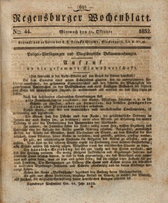 Regensburger Wochenblatt Mittwoch 31. Oktober 1832