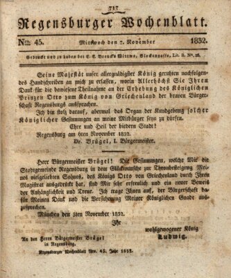 Regensburger Wochenblatt Mittwoch 7. November 1832