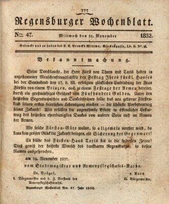 Regensburger Wochenblatt Mittwoch 21. November 1832