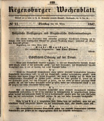 Regensburger Wochenblatt Dienstag 16. März 1847