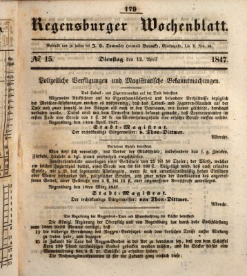 Regensburger Wochenblatt Dienstag 13. April 1847