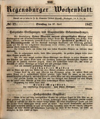 Regensburger Wochenblatt Dienstag 27. April 1847