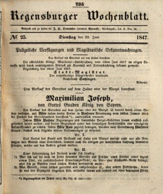 Regensburger Wochenblatt Dienstag 22. Juni 1847