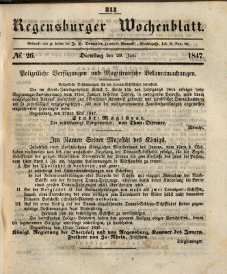 Regensburger Wochenblatt Dienstag 29. Juni 1847