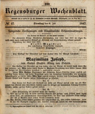 Regensburger Wochenblatt Dienstag 6. Juli 1847