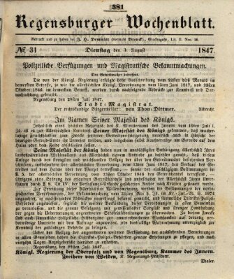 Regensburger Wochenblatt Dienstag 3. August 1847