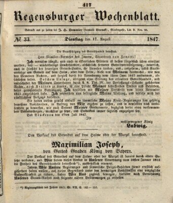 Regensburger Wochenblatt Dienstag 17. August 1847