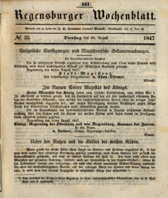 Regensburger Wochenblatt Dienstag 31. August 1847