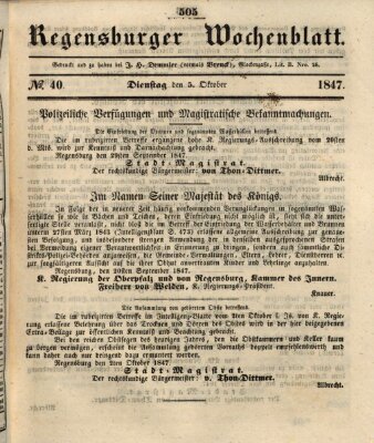 Regensburger Wochenblatt Dienstag 5. Oktober 1847