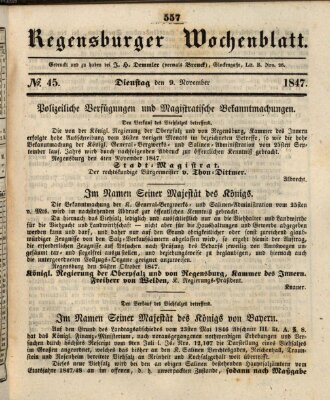 Regensburger Wochenblatt Dienstag 9. November 1847