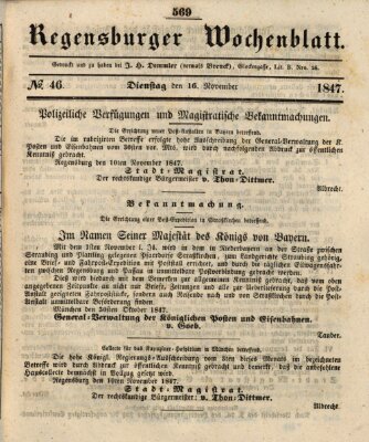 Regensburger Wochenblatt Dienstag 16. November 1847