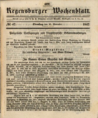 Regensburger Wochenblatt Dienstag 23. November 1847