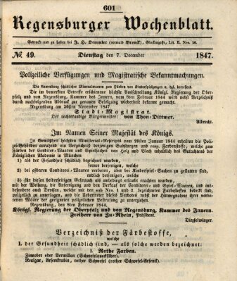 Regensburger Wochenblatt Dienstag 7. Dezember 1847