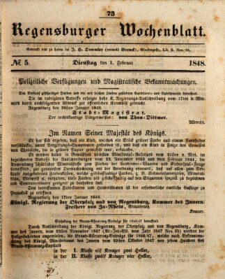 Regensburger Wochenblatt Dienstag 1. Februar 1848