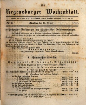 Regensburger Wochenblatt Dienstag 29. Februar 1848