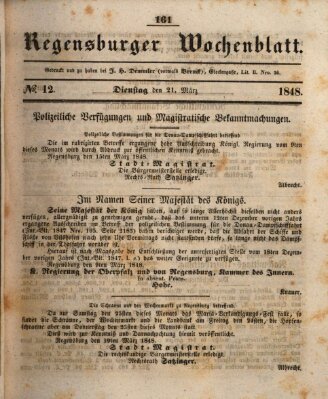 Regensburger Wochenblatt Dienstag 21. März 1848